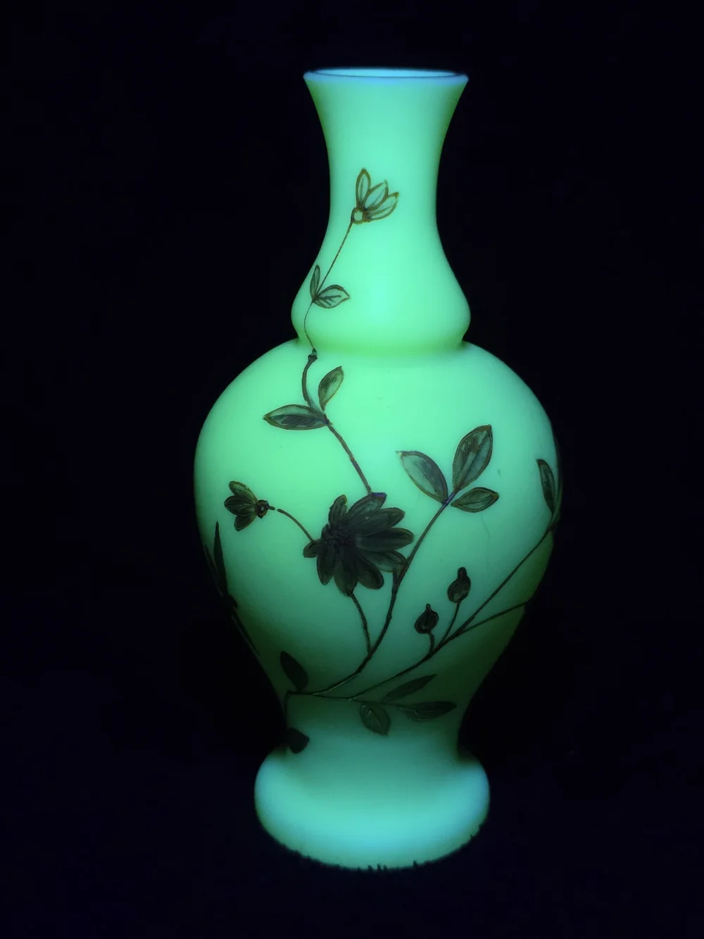 Bohemian Harrach Uranium Glass Vase – Fine Wildflower Enamel, c. 1880s